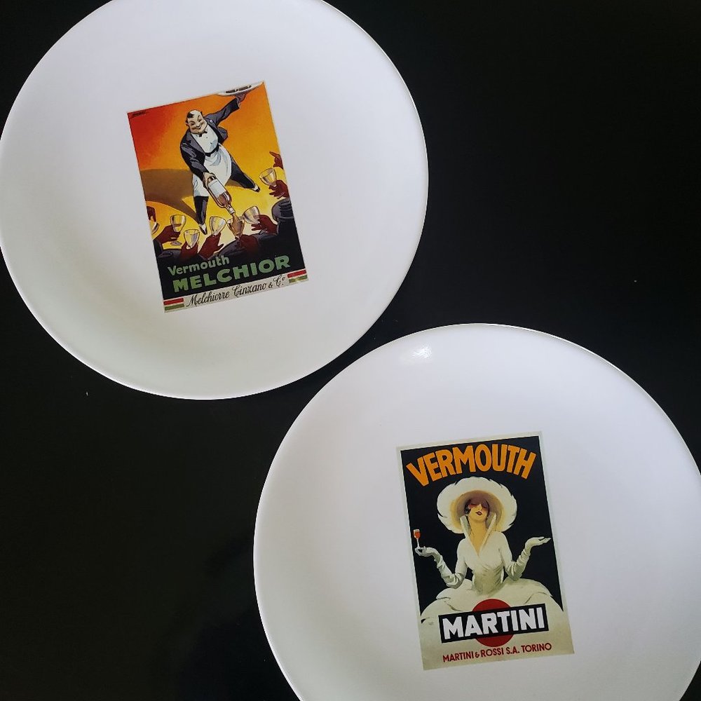 2 Pottery Barn Vintage Posters 8 inch Cocktail Plates